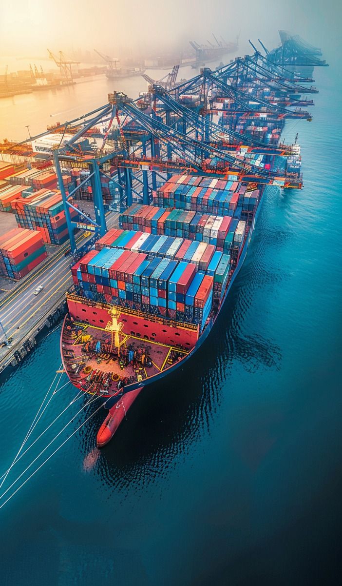 Aerial view of a container ship berthed at a port terminal